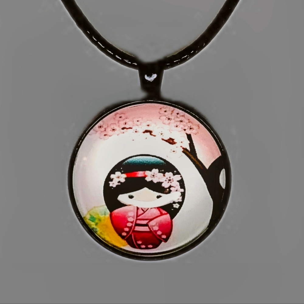 Pink Japanese Girl Kawaii Anime Art Cabochon Black Cord Necklace Gift